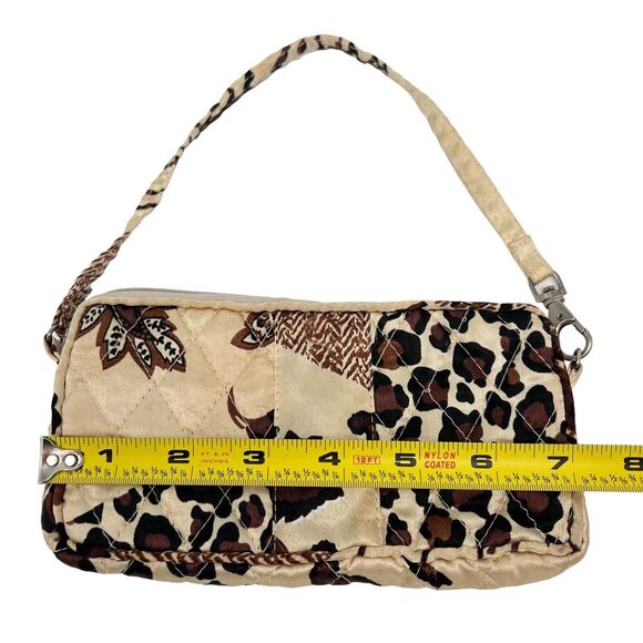 Mini Purse Wallet Satin Quilted Brown Leaf Cheetah Handle Zip 7" x 3.5" Divider - Picture 7 of 8